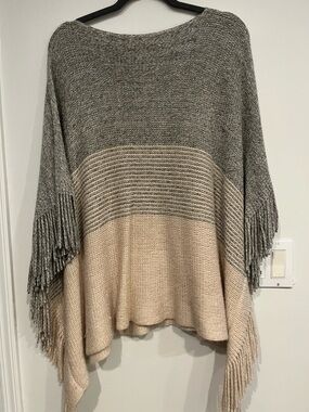 Mud Pie Gray and Cream Fringe Knit Poncho Sweater